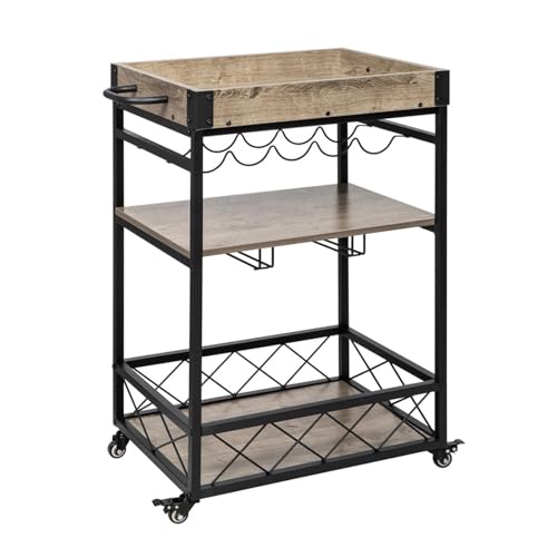 JZFOACHR Küchenspeicher Bar, Serve Cart, Home mobiler küchenlagerwagen, Inrial Vintage Style Trolley Halten Sie 5 Weinflaschen und 9 Weingläser Küchenorganisation (Oak One Size) (Oak One S) von JZFOACHR