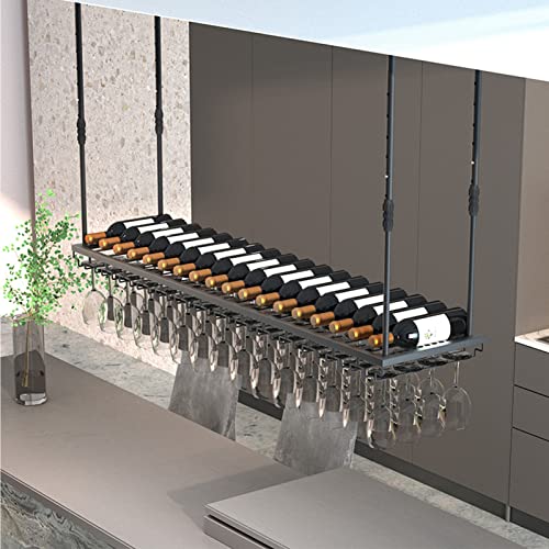 JZFOACHR Schwarzer Weinregal Decke Hanging Halter | Weinflaschen und Glasbecher Stemware -Lagerregal | Küchenbar schwimmende Organisator Regale | Dekorative Ausstellungsständer (Größe: 100x30 cm) von JZFOACHR