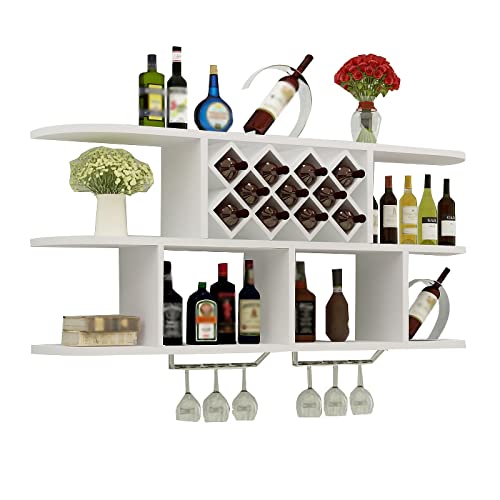 JZFOACHR Wandmontierte Weinregale schwimmende Regale, Weinprotokolle, Holzflaschenschelf mit Glashalter multifunktionales Rack (Weiß-120x24x69.8 cm) von JZFOACHR