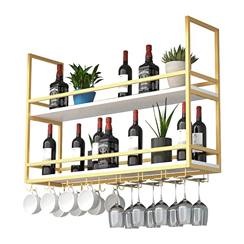JZFOACHR Weinlagerständer, industriell hängende Weinregal mit Stammwarenglashalter und Schutzschiene, 2 -stufige Deckenhalterung schwimmendem Regal für Küche und Bar (Black 80x30x80 cm) von JZFOACHR