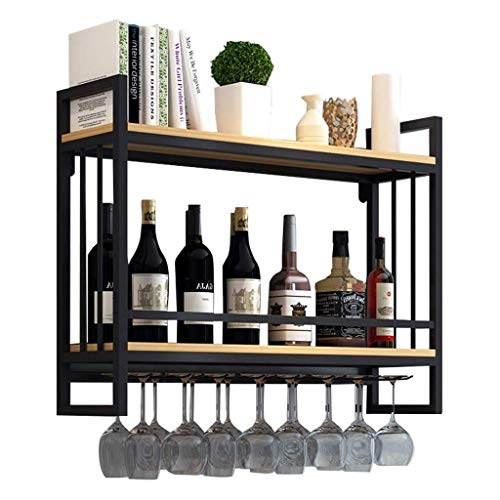Vintage 2-Tiers Weinregale mit Flasche oder Glashalter, industriellem Wandmontage Metall Hanging Goblets Stemware Rack, Holzregal schwimmende Regale, Home Kitchen Decor Display Rack (60 × 20 × 61 cm) von JZFOACHR