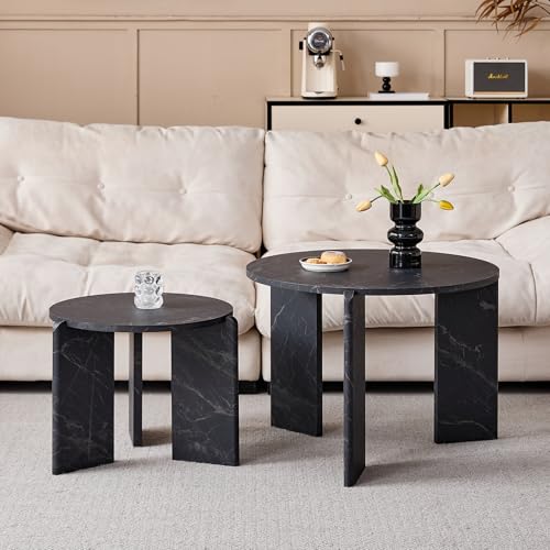 JZGORC 2er Set Couchtisch, Couchtisch in Schwarzmarmoroptik, Dreibein-Design, Moderner Wohnzimmer-Beistelltisch im Schlichten Stil, Geeignet für Wohnzimmer und Schlafzimmer von JZGORC