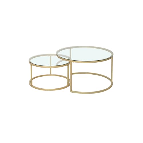JZGORC 2er Set Couchtisch, Stapelbarer Runder Beistelltisch für Wohnzimmer, Vergoldete Metallbeine, Geeignet für Wohnzimmer, Café, Lounge (60 * 45 cm und 40 * 35 cm) – Glas Gold von JZGORC