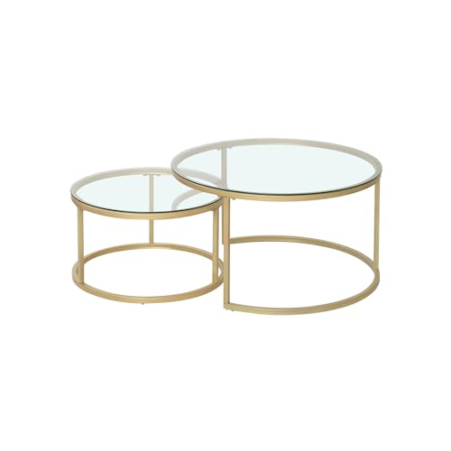 JZGORC 2er Set Couchtisch, Stapelbarer Runder Beistelltisch für Wohnzimmer, Vergoldete Metallbeine, Geeignet für Wohnzimmer, Café, Lounge (80 * 45 cm und 60 * 35 cm) – Glas Gold von JZGORC