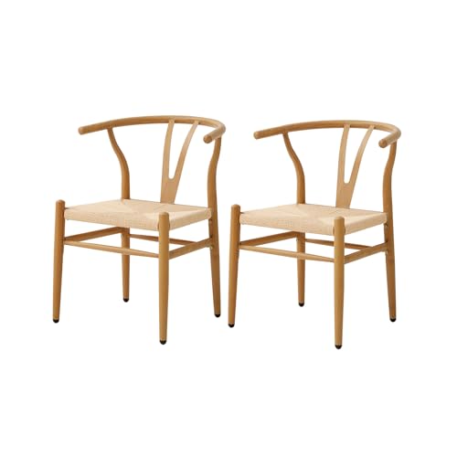 JZGORC 2er Set Geflochtenes Esszimmerstuhl, mit Rattan-Sitzkissen und Y-förmiger Rückenlehne, Metallbeine mit Holzmaserung, geeignet für Esszimmer, Wohnzimmer und Schlafzimmer von JZGORC