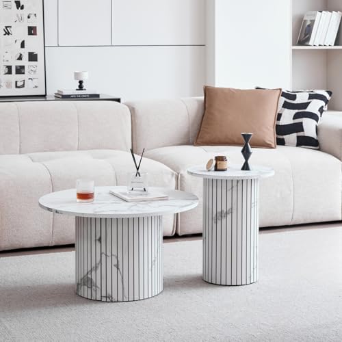 JZGORC 2er-Set Moderner Runder Couchtisch, Römische Säulenbasis, Runder Sofa-Beistelltisch im Landhausstil, Geeignet für Wohnzimmer, Büro – Marmorfurnier-Finish von JZGORC