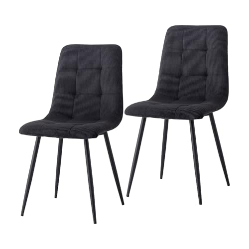 JZGORC 2er-Set Nordischer Esszimmerstuhl, Niederländischer Küchenstuhl aus Cord, Schwarze Metallbeine, Sitzfläche und Rückenlehne aus Hochdichtem Schwamm, Geeignet für Wohnzimmer, Küche – Schwarz von JZGORC