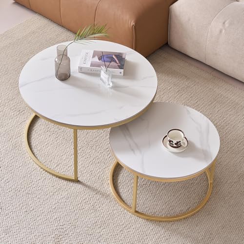 JZGORC 2er-Set Runder Couchtisch, Beistelltisch aus Weißem Marmor Sinterstein für das Wohnzimmer, Nordischer Couchtisch – Goldfarbener Metallrahmen von JZGORC