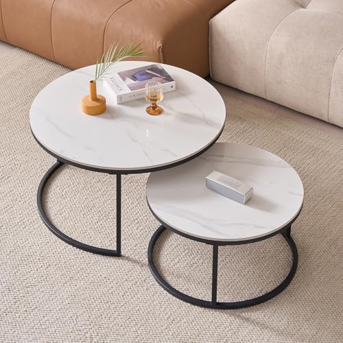 JZGORC 2er-Set Runder Couchtisch, Beistelltisch aus Weißem Marmor Sinterstein für das Wohnzimmer, Nordischer Couchtisch – Schwarzer Metallrahmen JZGORC 2er-Set Runder Couchtisch, Beistelltisch aus Weißem Marmor Sinterstein für das Wohnzimmer, Nordischer Couchtisch – Schwarzer Metallrahmen von JZGORC
