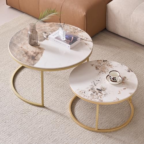 JZGORC 2er-Set Runder Couchtisch, Pandora Sinterstein Wohnzimmer-Beistelltisch, Nordischer Couchtisch – Goldfarbener Metallrahmen JZGORC 2er-Set Runder Couchtisch, Pandora Sinterstein Wohnzimmer-Beistelltisch, Nordischer Couchtisch – Goldfarbener Metallrahmen von JZGORC