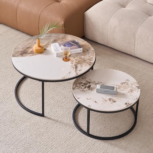 JZGORC 2er-Set Runder Couchtisch, Pandora Sinterstein Wohnzimmer-Beistelltisch, Nordischer Couchtisch – Schwarzer Metallrahmen JZGORC 2er-Set Runder Couchtisch, Pandora Sinterstein Wohnzimmer-Beistelltisch, Nordischer Couchtisch – Schwarzer Metallrahmen von JZGORC