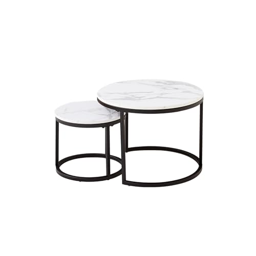 JZGORC 2er Set Runder Couchtisch, Stapelbarer Couchtisch, Platte mit Marmormuster, Beine aus lackiertem Metall, geeignet für Wohnzimmer, Café, Lounge (60 x 45 cm und 40 x 35 cm) – Weiß + Schwarz von JZGORC