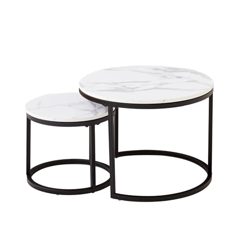 JZGORC 2er Set Runder Couchtisch, Stapelbarer Couchtisch, Platte mit Marmormuster, Beine aus lackiertem Metall, geeignet für Wohnzimmer, Café, Lounge (80 x 45 cm und 60 x 35 cm) – Weiß + Schwarz von JZGORC
