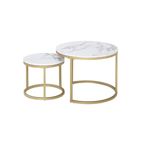 JZGORC 2er-Set Runder Couchtisch, Stapelbarer Couchtisch, Platte mit Marmormuster, Vergoldete Metallbeine, Geeignet für Wohnzimmer, Café, Lounge (60 * 45 cm und 40 * 35 cm) – Weiß Gold von JZGORC