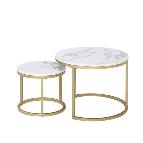 JZGORC 2er-Set Runder Couchtisch, Stapelbarer Couchtisch, Platte mit Marmormuster, Vergoldete Metallbeine, Geeignet für Wohnzimmer, Café, Lounge (80 * 45 cm und 60 * 35 cm) – Weiß Gold von JZGORC
