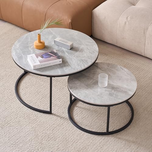 JZGORC 2er-Set Runder Couchtisch, Wohnzimmer-Beistelltisch aus Grauem Marmorschiefer, Nordischer Couchtisch – Schwarzer Metallrahmen von JZGORC