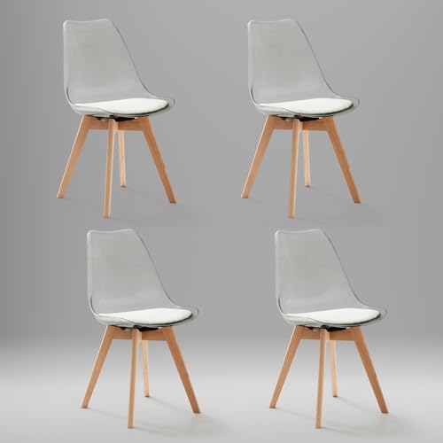 JZGORC 4er Set Esszimmerstühle, Gepolsterte Küchenstühle mit Transparenter Rückenlehne, Moderner, Einfacher Esszimmerstuhl, mit Buchenbeinen – weißes PU-Leder von JZGORC