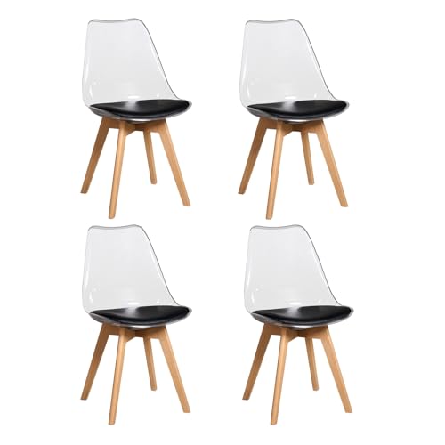 JZGORC 4er Set Esszimmerstuhls, Gepolsterter Esszimmerstuhl mit Transparenter Rückenlehne, Moderner, Einfacher Esszimmerstuhl, Küchenstuhl mit Buchenbeinen – Schwarzes PU-Leder von JZGORC