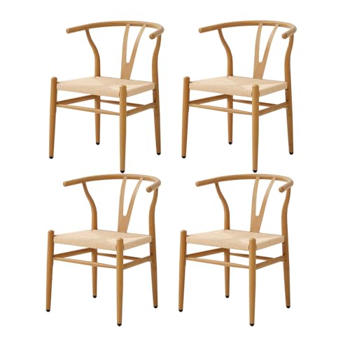 JZGORC 4er Set Geflochtenes Esszimmerstuhl, mit Rattan-Sitzkissen und Y-förmiger Rückenlehne, Metallbeine mit Holzmaserung, geeignet für Esszimmer, Wohnzimmer und Schlafzimmer von JZGORC