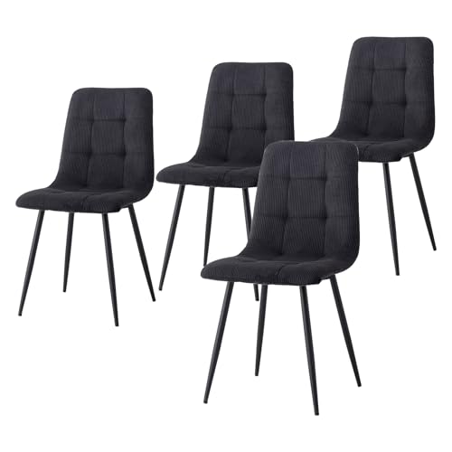 JZGORC 4er-Set Nordischer Esszimmerstuhl, Niederländischer Küchenstuhl aus Cord, Schwarze Metallbeine, Sitzfläche und Rückenlehne aus Hochdichtem Schwamm, Geeignet für Wohnzimmer, Küche – Schwarz von JZGORC