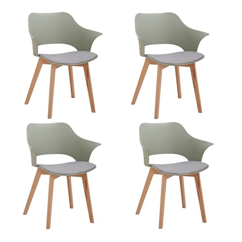JZGORC 4er-Set Skandinavischer Esszimmerstuhl, Esszimmerstuhl im Nordischen Stil mit Armlehnen, Beinen aus Buche, Gepolsterter Küchenstuhl mit Leinenkaro – Hellgrün von JZGORC