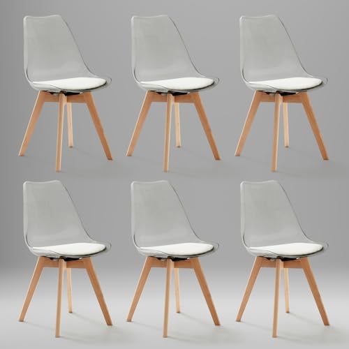 JZGORC 6er Set Esszimmerstuhl, Gepolsterter Esszimmerstuhl mit Transparenter Rückenlehne, Moderner, Einfacher Esszimmerstuhl, Küchenstuhl mit Buchenbeinen – weißes PU-Leder von JZGORC