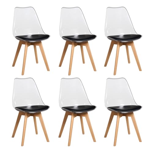 JZGORC 6er Set Esszimmerstuhls, Gepolsterter Esszimmerstuhl mit Transparenter Rückenlehne, Moderner, Einfacher Esszimmerstuhl, Küchenstuhl mit Buchenbeinen – Schwarzes PU-Leder von JZGORC