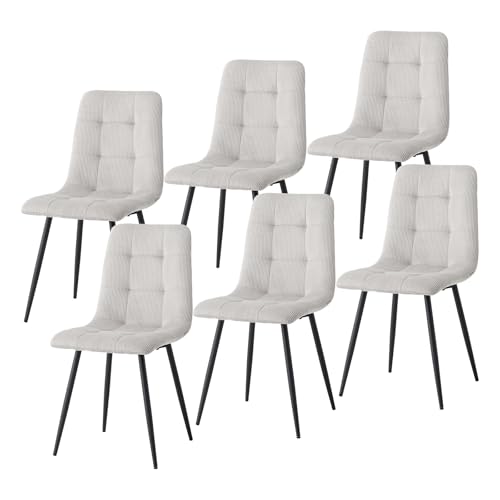 JZGORC 6er-Set Nordischer Esszimmerstuhl, Niederländischer Küchenstuhl aus Cord, Schwarze Metallbeine, Sitzfläche und Rückenlehne aus Hochdichtem Schwamm, Geeignet für Wohnzimmer, Küche – Hellgrau von JZGORC