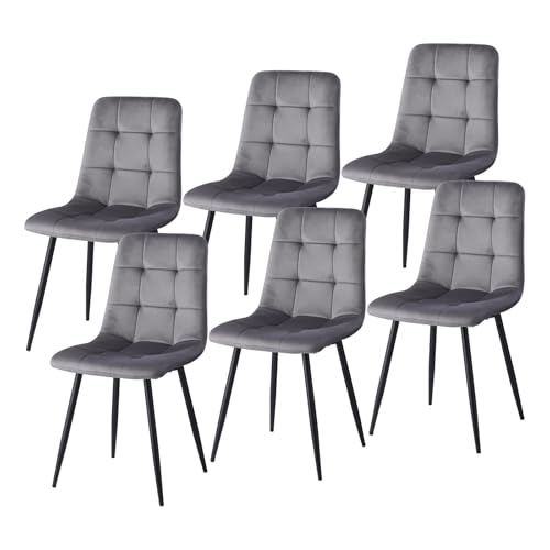 JZGORC 6er-Set Nordischer Esszimmerstuhl, Niederländischer Küchenstuhl aus Samt, Schwarze Metallbeine, Sitzfläche und Rückenlehne aus Hochdichtem Schwamm, Geeignet für Wohnzimmer, Küche – Dunkelgrau von JZGORC