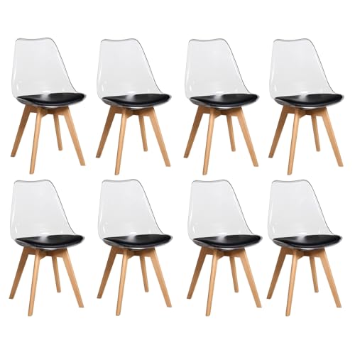 JZGORC 8er Set Esszimmerstuhls, Gepolsterter Esszimmerstuhl mit Transparenter Rückenlehne, Moderner, Einfacher Esszimmerstuhl, Küchenstuhl mit Buchenbeinen – Schwarzes PU-Leder von JZGORC