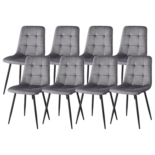 JZGORC 8er-Set Nordischer Esszimmerstuhl, Niederländischer Küchenstuhl aus Samt, Schwarze Metallbeine, Sitzfläche und Rückenlehne aus Hochdichtem Schwamm, Geeignet für Wohnzimmer, Küche – Dunkelgrau von JZGORC