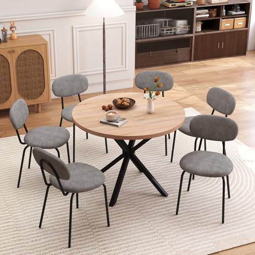 JZGORC Esstisch Stuhl Set mit 6 Stühlen, 100 cm Runder Esstisch aus Holz, Stapelbare Moderne Stühle für Esszimmer, Küche, Wohnzimmer (Hell + Khaki) von JZGORC