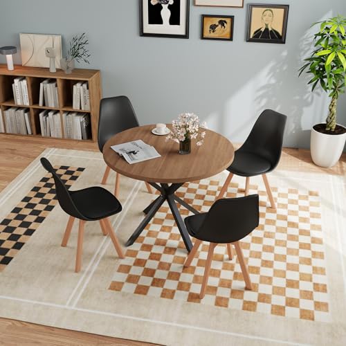 JZGORC Esstisch mit 4 Stühlen, Esszimmer-Set, 100 * 100 * 75 cm, Runder Esstisch aus Holz, 4 Stühle mit Hoher Rückenlehne, Beine aus Holzbuche, (Dunkelbraun + Schwarz) von JZGORC