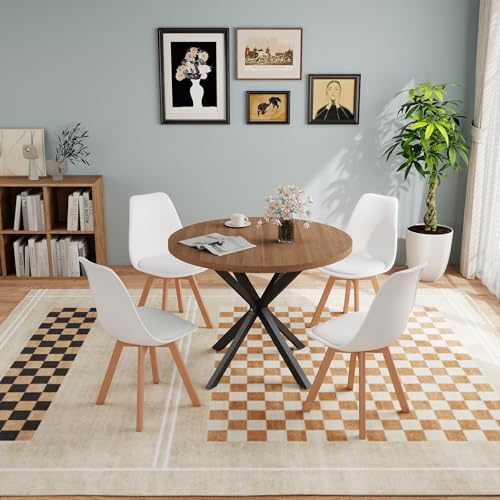JZGORC Esstisch mit 4 Stühlen, Esszimmer-Set, 100 * 100 * 75 cm, Runder Esstisch aus Holz, 4 Stühle mit Hoher Rückenlehne, Beine aus Holzbuche, (Dunkelbraun + Weiß) von JZGORC