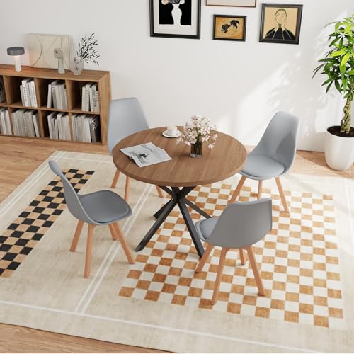 JZGORC Esstisch mit 4 Stühlen, Esszimmer-Set, 100 * 100 * 75 cm, Runder Esstisch aus Holz, 4 Stühle mit Hoher Rückenlehne, Beine aus Holzbuche, (Dunkelbraun +Grau) von JZGORC