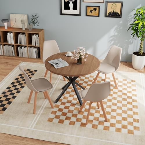 JZGORC Esstisch mit 4 Stühlen, Esszimmer-Set, 100 * 100 * 75 cm, Runder Esstisch aus Holz, 4 Stühle mit Hoher Rückenlehne, Beine aus Holzbuche, (Dunkelbraun +Khaki) von JZGORC
