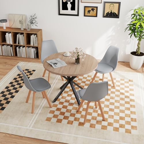 JZGORC Esstisch mit 4 Stühlen, Esszimmer-Set, 100 * 100 * 75 cm, Runder Esstisch aus Holz, 4 Stühle mit Hoher Rückenlehne, Beine aus Holzbuche, (Hellbraun +Grau) von JZGORC