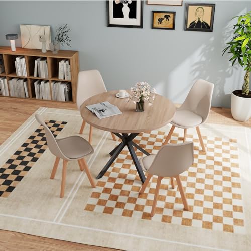 JZGORC Esstisch mit 4 Stühlen, Esszimmer-Set, 100 * 100 * 75 cm, Runder Esstisch aus Holz, 4 Stühle mit Hoher Rückenlehne, Beine aus Holzbuche, (Hellbraun +Khaki) von JZGORC