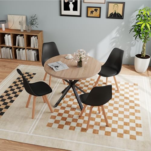 JZGORC Esstisch mit 4 Stühlen, Esszimmer-Set, 100 * 100 * 75 cm, Runder Esstisch aus Holz, 4 Stühle mit Hoher Rückenlehne, Beine aus Holzbuche, (Hellbraun +Schwarz) von JZGORC