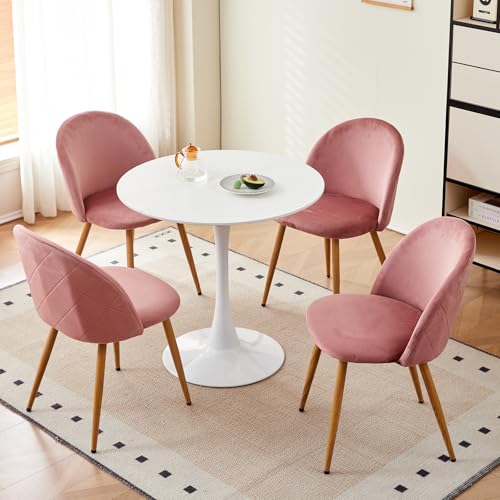 JZGORC Esstisch mit 4 Stühlen, Esszimmer-Set, 80 x 80 x 75 cm, Runder Esstisch aus Holz, 4 Stühle mit Hoher Rückenlehne aus Samt, Rosa + Weiß von JZGORC