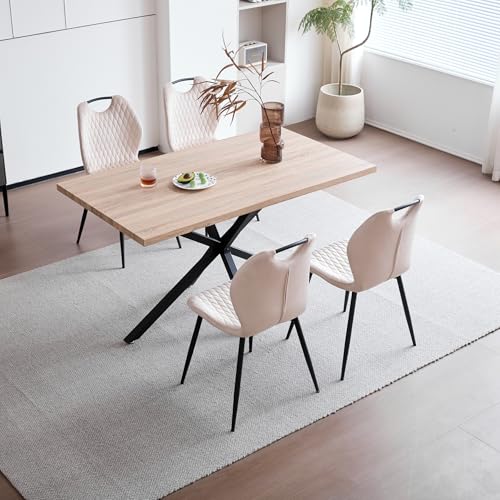 JZGORC Esstisch mit 4 Stühlen Esszimmer-Set,140 * 78 * 77 cm Rechteckiger Esstisch aus Holz,4 Stühle mit hoher Rückenlehne, Schwarze Meta-Beine,Hellbrauner Tisch+Beige Stühle von JZGORC