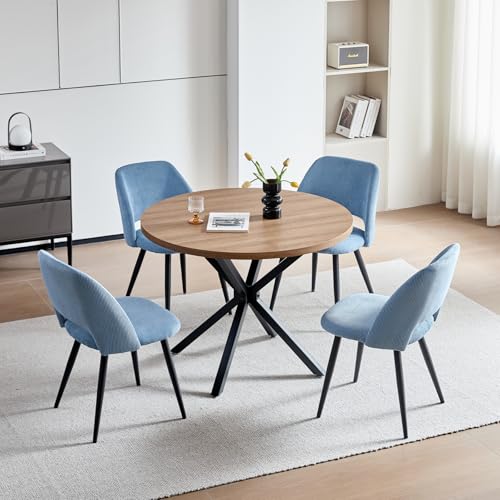 JZGORC Esstisch und Stuhlset, 100 cm Runder MDF Esstisch, 4 Gepolsterte Küchenstühle aus Cord mit Hohlrückenlehne, für Esszimmer, Wohnzimmer, Küche (Dunkel + Blau) von JZGORC