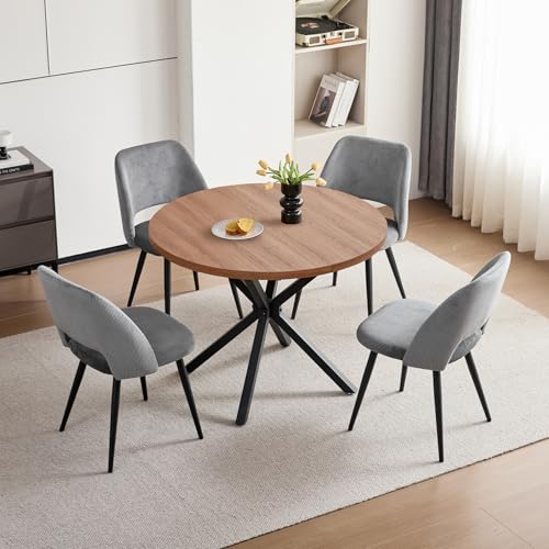 JZGORC Esstisch und Stuhlset, 100 cm Runder MDF Esstisch, 4 Gepolsterte Küchenstühle aus Cord mit Hohlrückenlehne, für Esszimmer, Wohnzimmer, Küche (Dunkel + Grau) von JZGORC