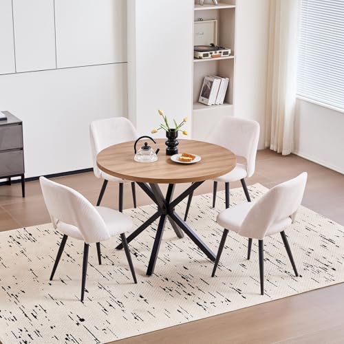 JZGORC Esstisch und Stuhlset, 100 cm Runder MDF Esstisch, 4 Gepolsterte Küchenstühle aus Cord mit Hohlrückenlehne, für Esszimmer, Wohnzimmer, Küche (Dunkel + Khaki) von JZGORC