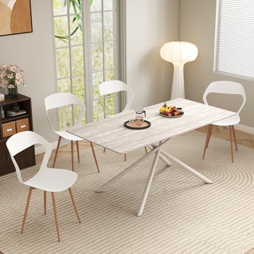 JZGORC Esstisch und Stuhlset, 180 cm Rechteckiger Esstisch, 4 Küchenstühle mit Hohllehne, für Wohnzimmer, Küche, Büro (Grauer Travertin+Weiß+Holzfarben) von JZGORC