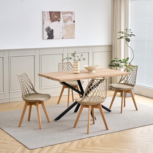 JZGORC Modernes 4er Set Esszimmerset mit Buchenholzbeinen und Stühlen mit Durchbrochener Rückenlehne (Khaki) + MDF-Esstisch mit Metallbeinen (Tisch: 140 x 80 x 75 cm) von JZGORC