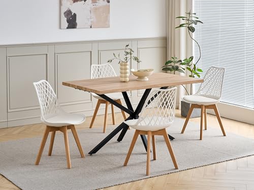 JZGORC Modernes 4er Set Esszimmerset mit Buchenholzbeinen und Stühlen mit Durchbrochener Rückenlehne (Weiß) + MDF-Esstisch mit Metallbeinen (Tisch: 140 x 80 x 75 cm) von JZGORC