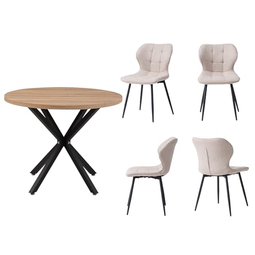 JZGORC Modernes Esstisch-Set mit Stühlen, 100 cm Runder Esstisch in Heller Holzmaserung + 4 Khakifarbene Leinenstühle mit Metallbeinen JZGORC Modernes Esstisch-Set mit Stühlen, 100 cm Runder Esstisch in Heller Holzmaserung + 4 Khakifarbene Leinenstühle mit Metallbeinen von JZGORC