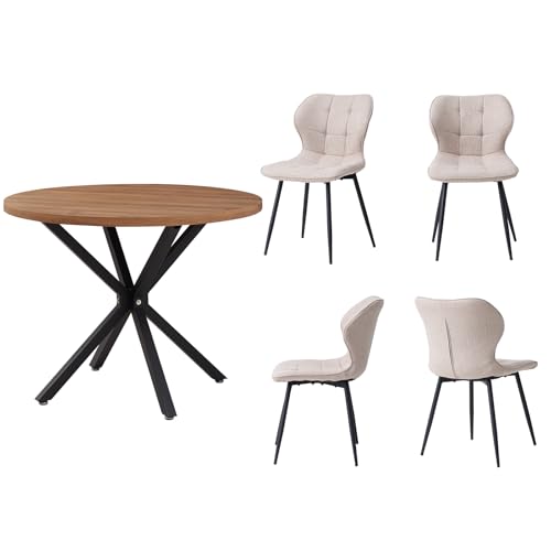 JZGORC Nordisches Esstisch-Set mit Stühlen, 100 cm Runder Esstisch in Dunkler Holzmaserung + 4 Khakifarbene Leinenstühle mit Metallbeinen von JZGORC
