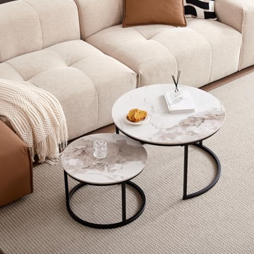 JZGORC Runder Couchtisch, Beistelltisch aus Pandora-Sinterstein für das Wohnzimmer, Nordischer Couchtisch mit Metallbeinen, Geeignet für Wohnzimmer, Balkon, Schlafzimmer – Schwarzer Rahmen von JZGORC